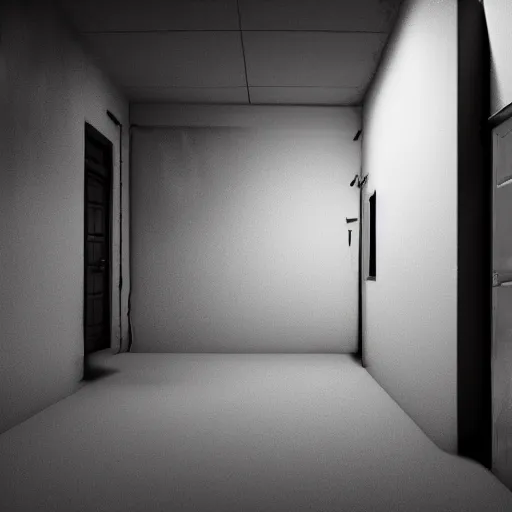 Image similar to an empty backroom at night, dark and scary atmosphere, white hue, photorealistic