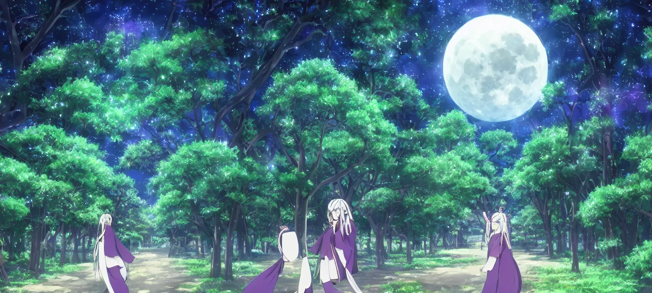 Prompt: illyasviel walking through enchanted ghibli clover | Big Moon at Blue Night | Trees with white flowers | bioluminescent blue FLOWERS | strong blue rimlit | visual-key | anime illustration | highly detailed High resolution | Light Novel | Visual Novel | In the style of Miyama-Zero, Yuuki Hagure | brilliant vibrant saturated dark colors