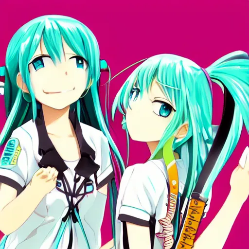 Image similar to hatsune miku and gumi hanging out having fun, best friends, detailed, anime