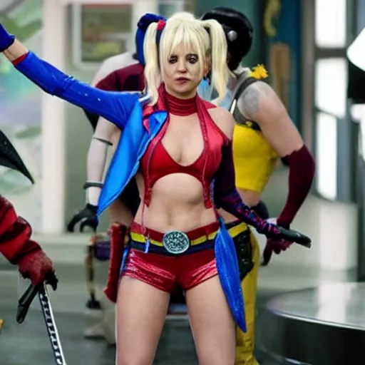 Image similar to A still of Kaley Cuoco as Harley Quinn, full-figure