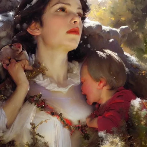 Image similar to close up of snow white and the 7 dwarfs, cinematographic shot, by daniel f. gerhartz