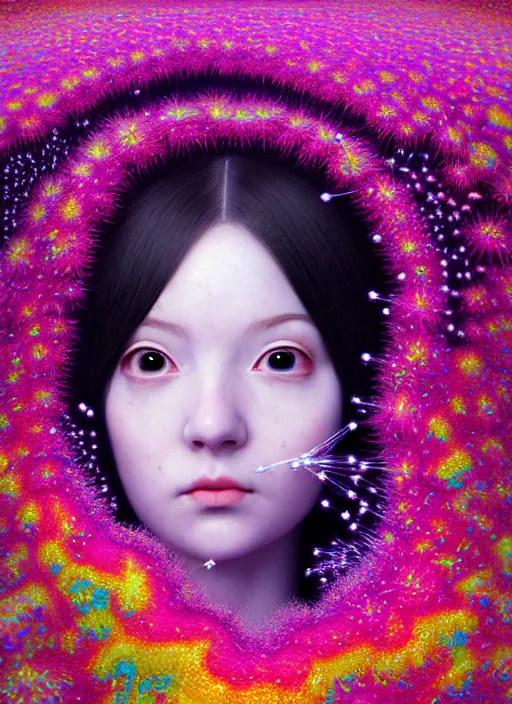 Image similar to hyper detailed 3d render like a Oil painting - kawaii portrait Aurora (serious hacker girl Singer) seen Eating of the Strangling network of yellowcake aerochrome and milky Fruit and Her delicate Hands hold of gossamer polyp blossoms bring iridescent fungal flowers whose spores black the foolish stars by Jacek Yerka, Mariusz Lewandowski, Houdini algorithmic generative render, Abstract brush strokes, Masterpiece, Edward Hopper and James Gilleard, Zdzislaw Beksinski, Mark Ryden, Wolfgang Lettl, hints of Yayoi Kasuma, octane render, 8k