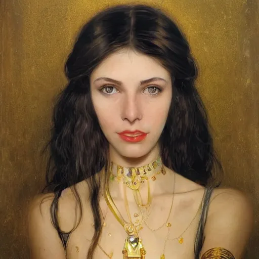 Image similar to portrait of a smiling, beautiful, pale skin eastern european female with long black hair, dark brown eyes, elegant clothing, photorealistic, highly detailed, artstation, smooth, sharp focus, gold ornaments, neon lighting, sci - fi, art by gustav klimt, artgerm, greg rutkowski and alphonse mucha