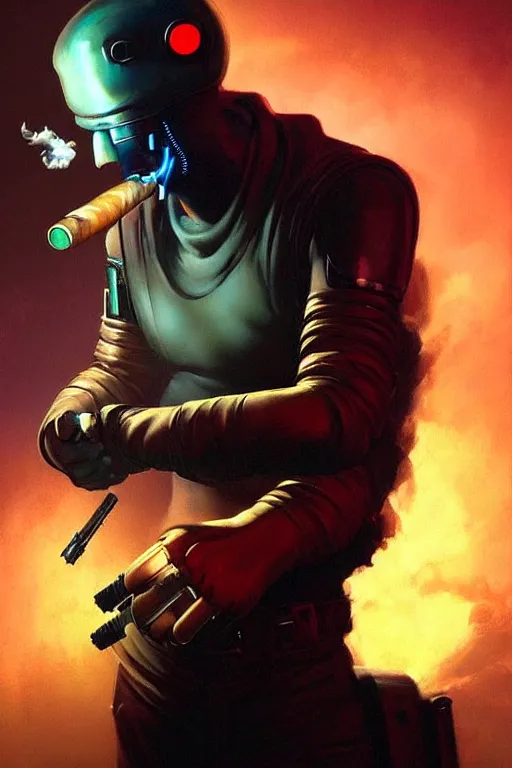 Image similar to An android smoking a single cigar in a cyberpunk setting, by Frank Frazetta, dramatic lighting, high contrast colours, as trending on Artstation, highly detailed,