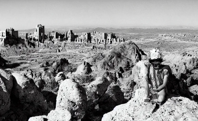 Image similar to salvador dali wearing a great crown with blue jewels and a scepter in a dry rocky desert landscape, visible sky and sunny atmosphere, alien city ruins in the background, film still from the movie by alejandro jodorowsky with cinematogrophy of christopher doyle and art direction by hans giger, anamorphic lens, kodakchrome, very detailed photo, 8 k