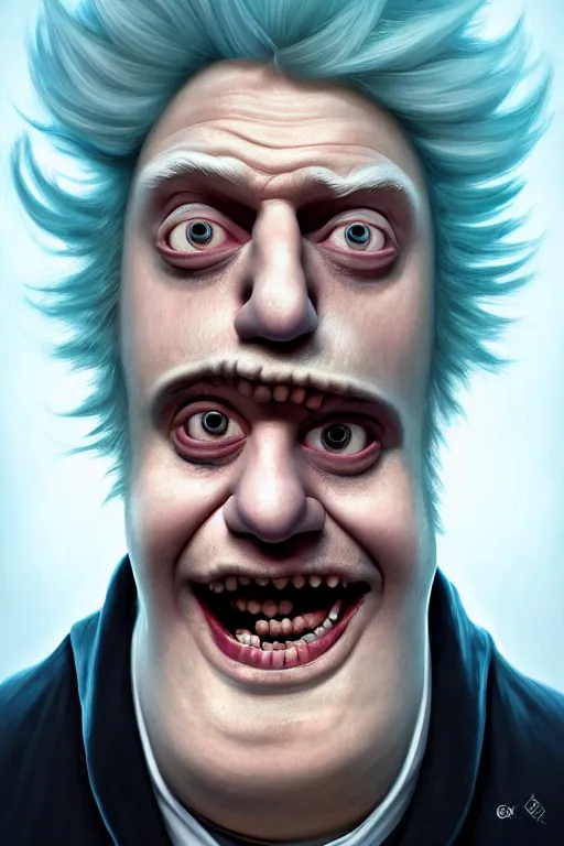 Image similar to Boris Johnson as crazy genius Rick Sanchez from Rick and Morty, unibrow, white robe, big eyes, realistic portrait, symmetrical, highly detailed, digital painting, artstation, concept art, smooth, sharp focus, illustration, cinematic lighting, art by artgerm and greg rutkowski and alphonse mucha