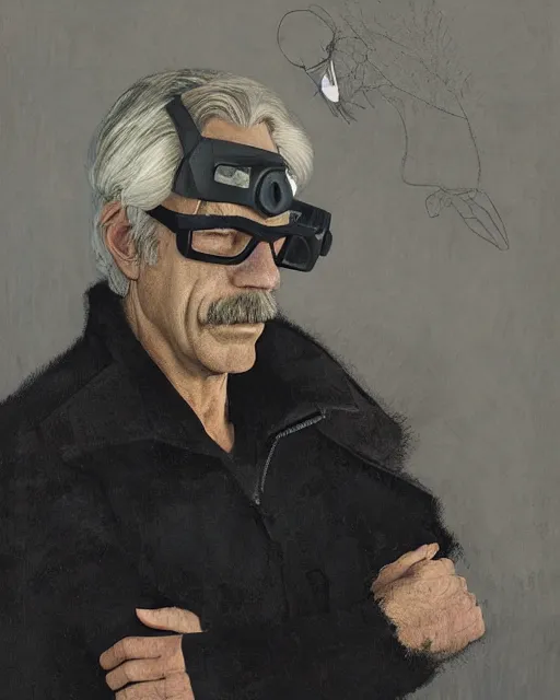 Image similar to Portrait Sam Elliott wearing safety goggles and black coat by charlie bowater elina brotherus greg rutkowski Dan Witz paul klee jamie wyeth victo ngai