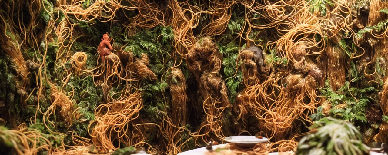 Image similar to taxidermized, the first humans discovering spaghetti on a mountain side, cloud forest, hyper - realistic, small details, intricate, sharply focused, 2 0 mm lens, wes anderson film, kodachrome