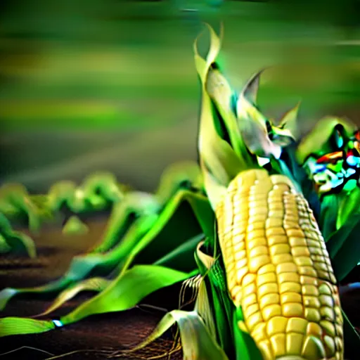 Prompt: close photo of deep yellow! corn can lying on green! leaves, 5 0 mm bokeh, bright, vivid, 3 d model, octane rendered, rtx reflections