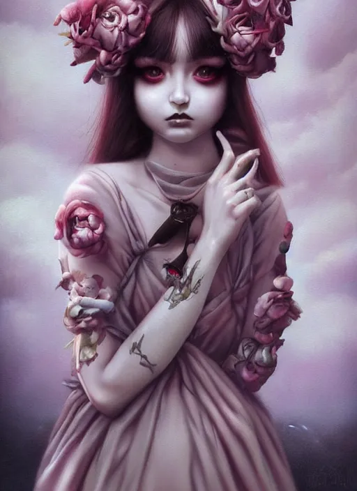 Image similar to pop surrealism, lowbrow art, realistic cute girl painting, japanese street fashion, hyper realism, muted colours, rococo, natalie shau, loreta lux, tom bagshaw, mark ryden, trevor brown style,