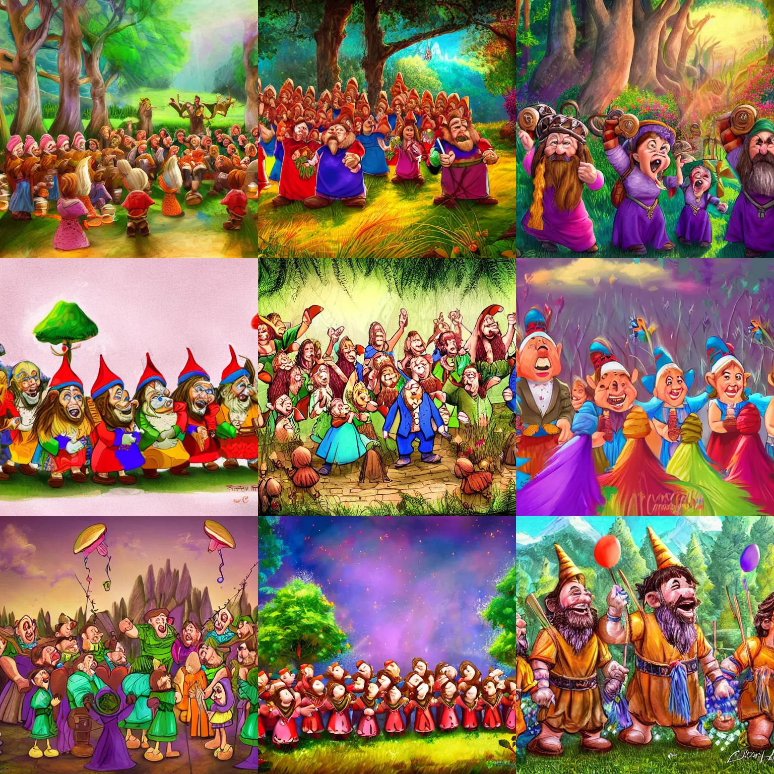 Prompt: chorus of dwarfs celebrating at wedding ceremony colorful nature highly detailed vibrant colors concept art fantasy style