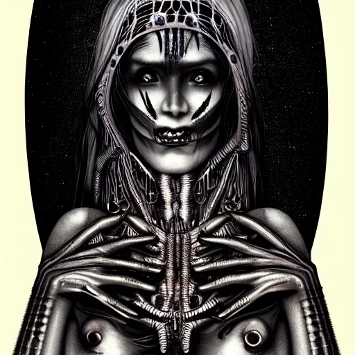 Image similar to illustration of a freaky goddess with a dark moon in the far distance by HR giger, ultradetailed, beautiful, happy, outstanding, trending on artstation, 8k