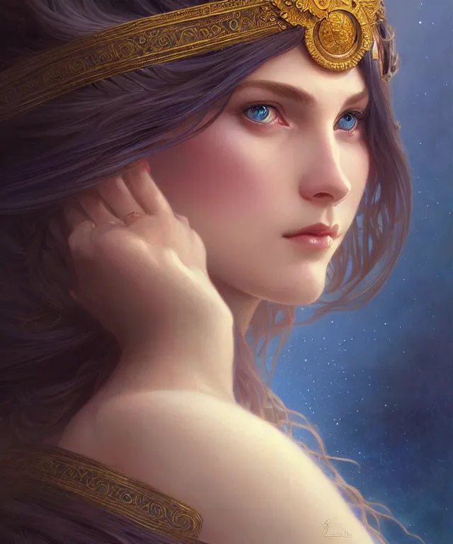 Image similar to young goddess, portrait, blue eyes, beautiful face, long hair, fantasy, ornamental, intricate, elegant, sensual, highly detailed, digital painting, artstation, concept art, smooth, sharp focus, illustration, art by artgerm and Greg Rutkowski and Alphonse Mucha