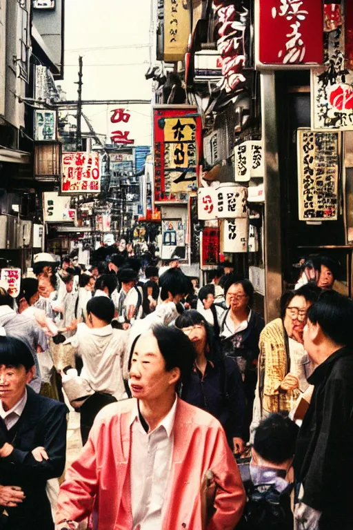 Prompt: street photography of an izakaya midday, people in 9 0 s fashion, in tokyo shinjuku, shot on cinestill 5 0 d with a canon 3 5 mm lens aperture f / 5. 6, masterful photography by haruto hoshi and yang seung - woo and saul leiter, hyper - realistic