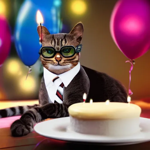 Prompt: a cat in a suite with tie and glasses, with birthday cake and candles, hyper realistic photo, 8 k