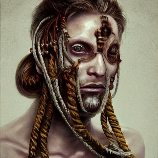 Image similar to portrait of a Shibari rope wrapped face and neck, headshot, insanely nice professional hair style, dramatic hair color, digital painting, of a old 15th century, old cyborg merchant, amber jewels, baroque, ornate clothing, scifi, realistic, hyperdetailed, chiaroscuro, concept art, art by Franz Hals and Jon Foster and Ayami Kojima and Amano and Karol Bak,