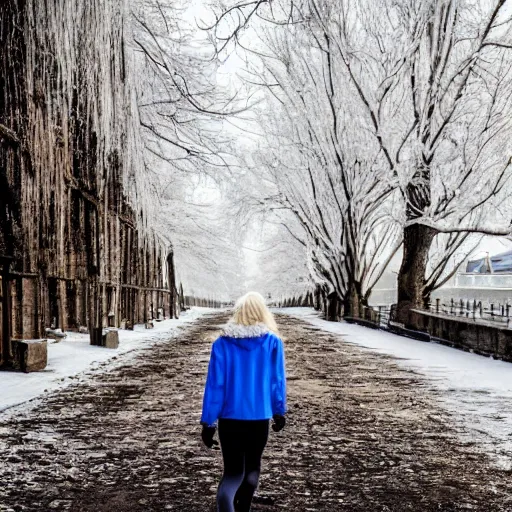 Image similar to 19-year-old Aristocratic platinum-blonde-haired hime-cut blue-eyed French empress wearing white leggings and black jacket, walking down sidewalk, winter trees, dead trees, mill, abandoned mill, drones, HD photograph