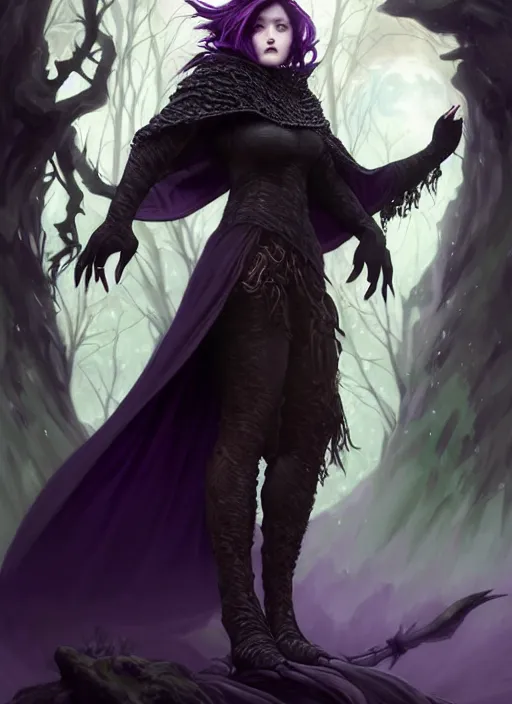 Image similar to front full detailed portrait dark witch, adventurer outfit large cloak, fantasy forest landscape, big moon, dragon scales, fantasy magic, undercut hairstyle, short purple black fade hair, dark light night, intricate, elegant, sharp focus, illustration, highly detailed, digital painting, concept art, matte, art by wlop and artgerm and greg rutkowski and alphonse mucha, masterpiece