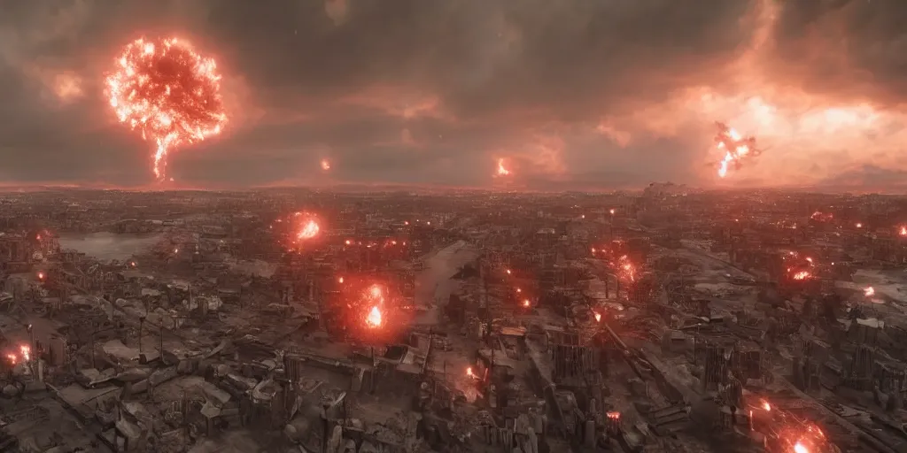 Prompt: a highly detailed atomic bomb cloud detonated above the city, 8 k, chaotic atmopshere, unreal engine, cinematic, glowing, very detailed, award - winning cinematography