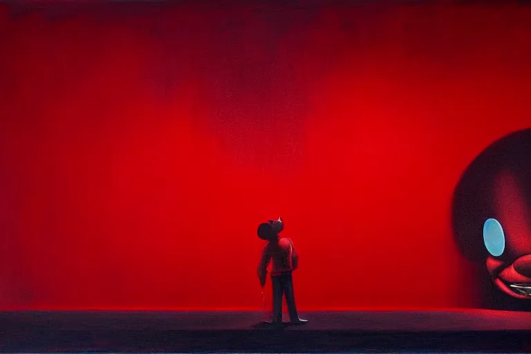 Image similar to only with red, netflix studios with workers at work, a big mickey mouse head in the middle, in the style of beksinski, parts by edward hopper, parts by rodcenko, parts by yue minjun, intricate and epic composition, red by caravaggio, insanely quality, highly detailed, masterpiece, red light, artstation, 4 k