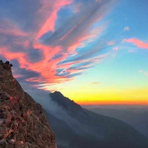 Image similar to at the top of the mountain, the sunset, above all the people is a huge huge ego, in the form of a twisted old man. thick pink clouds.