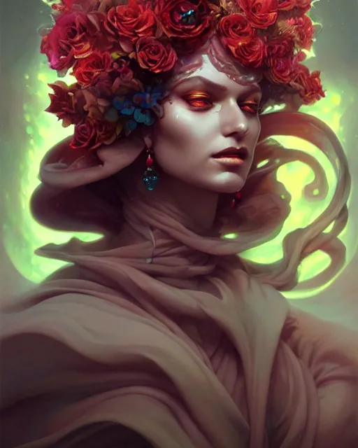 Image similar to liquid magma priestess adorned with flowers and gemstones, artgerm, peter mohrbacher, jesper ejsing, photorealism, highly detailed portrait, volumetric lighting