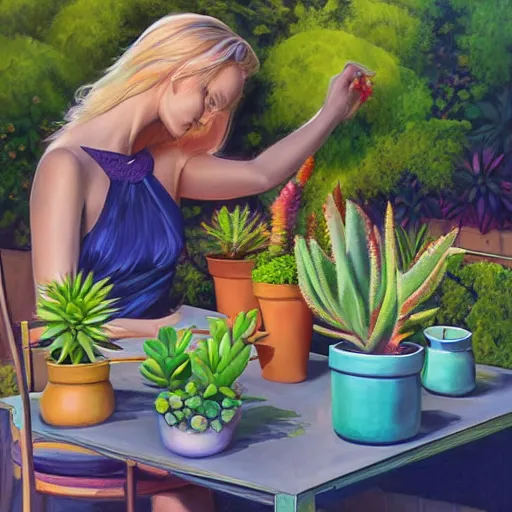 Prompt: painting by Artgerm of a beautiful blonde woman with shoulder length hair in a forest green dress putting colorful succulents into rainbow pots at a square table