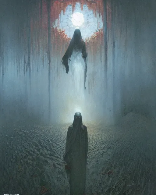 Image similar to the last sight before death, painted by zdzislaw beksinski and artgerm and greg rutkowski and alphonse mucha and rene laloux