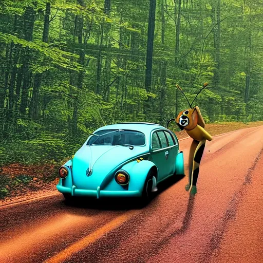 Prompt: promotional scifi - mystery movie scene of a real ladybug that is a hybrid with a ( volkswagen beatle ) hybrid that's more ladybug, racing down a dusty back - road in smokey mountains tennessee. cinematic, 4 k, imax, 7 0 mm, teal autochrome, hdr