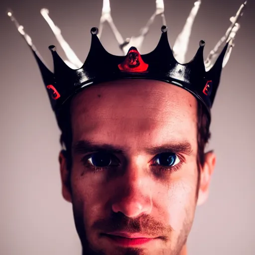 Image similar to man with a crown, smirk, photograph, black backgrounds, glowing red eyes, dark, horror