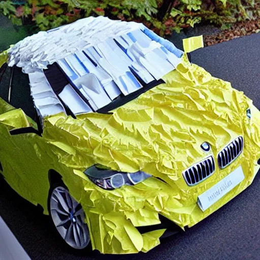 Image similar to bmw hatchback made of tissue paper, tissue paper art