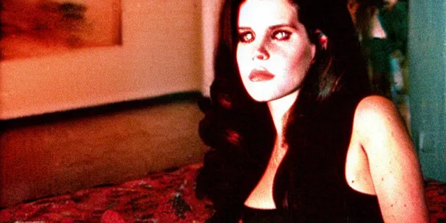 Image similar to lana Del Rey as a serial killer, video still, 80s home video