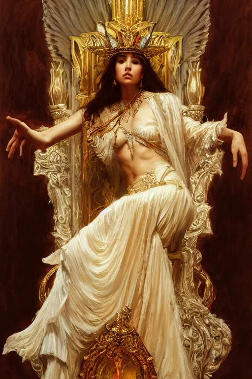Prompt: full body portrait of seraphim queen sitting on her bone throne, highly detailed painting by gaston bussiere, craig mullins, j. c. leyendecker, 8 k, mid shot