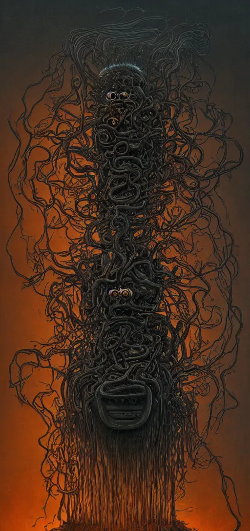 Image similar to thomas the tank engine in style of zdzisław beksinski, extremely dramatic lighting, 8 k, tendrils, black, darkness, black slime tendrils, infected, rust, body horror, thomas the train, thomas the tank engine face, horror,