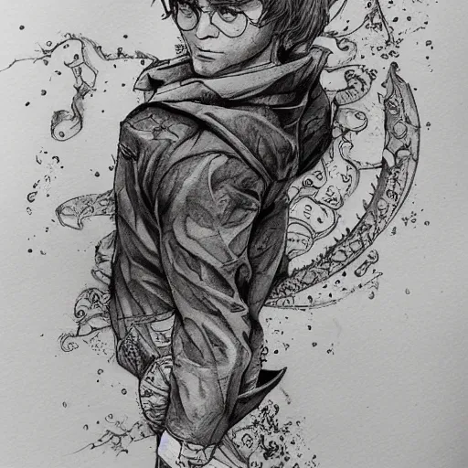 Prompt: beautiful aesthetic inspirational masterful professional ink pen and watercolor sketch of harry potter school of wizardry, ultra detailed, fine details, trending on artstation, high quality paper