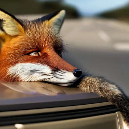 Prompt: a fox sleeping on a suv, side of the road, sunny, hyperrealistic, 4 k, contest winning photography
