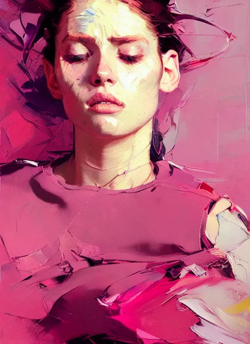 Prompt: portrait of a beautiful girl, eyes closed, open mouth, strong emotions, shades of pink, beautiful face, rule of thirds, intricate outfit, spotlight, by greg rutkowski, by jeremy mann, by francoise nielly, by van gogh, digital painting