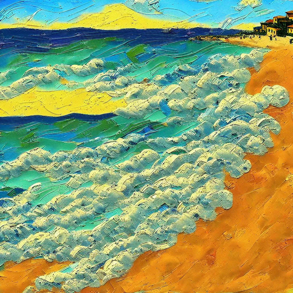 Image similar to beautiful Italian beach scene painted in a style of painting similar to Van Gogh but more impasto and less hatching