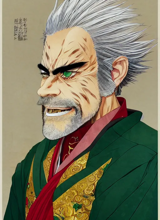 Image similar to half body portrait of a handsome muscular old mad with blonde hair and grey beard wearing and ornate red, green and gold trench coat. detailed, wearing kimono armour, by conrad roset, takato yomamoto, jesper ejsing, masamune shiro