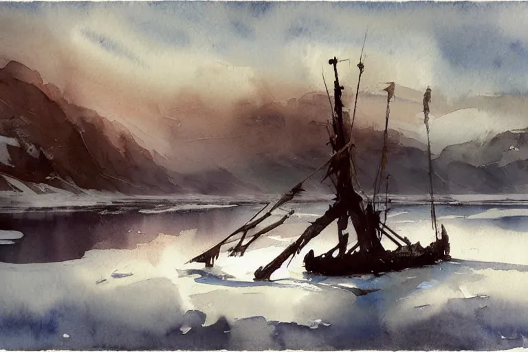 Image similar to small centered on watercolor paper, paint brush strokes, abstract watercolor painting of ancient viking wreck skeleton in frozen lake, daylight, blue sky, cinematic light, national romanticism by hans dahl, by jesper ejsing, by anders zorn, by greg rutkowski, by greg manchess, by tyler edlin