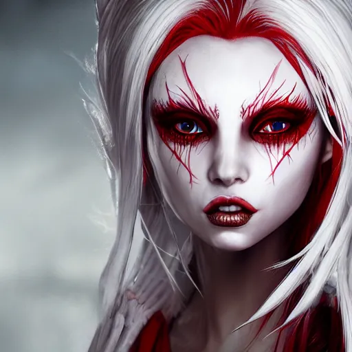 Image similar to a highly detailed portrait of a humanoid demon girl with white hair, red horns, in white clothes, red eyes, artstation, deviantart, professional, unreal engine 5, photorealistic