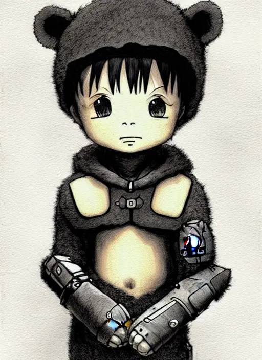 Image similar to beautiful little boy wearing an cyborg bear suit, artwork in kentaro miura and made in abyss and rosdraws, smooth, beautiful lightness, anatomically correct, trending on pixiv, forest