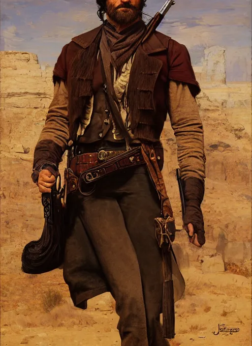 Image similar to Old west smug gunslinger (rdr2, laurie greasley). Iranian orientalist portrait by john william waterhouse and Edwin Longsden Long and Theodore Ralli and Nasreddine Dinet, oil on canvas. Cinematic, hyper realism, realistic proportions, dramatic lighting, high detail 4k