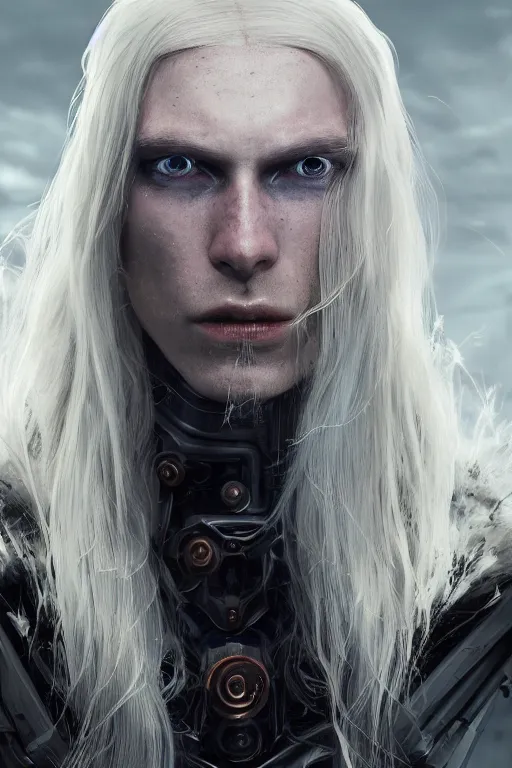 Image similar to a fancy portrait of a male cyborg with long white hair and pale skin with joints still visible by greg rutkowski, sung choi, mitchell mohrhauser, maciej kuciara, johnson ting, maxim verehin, peter konig, bloodborne, 8 k photorealistic, cinematic lighting, hd, high details, dramatic, dark atmosphere, trending on artstation