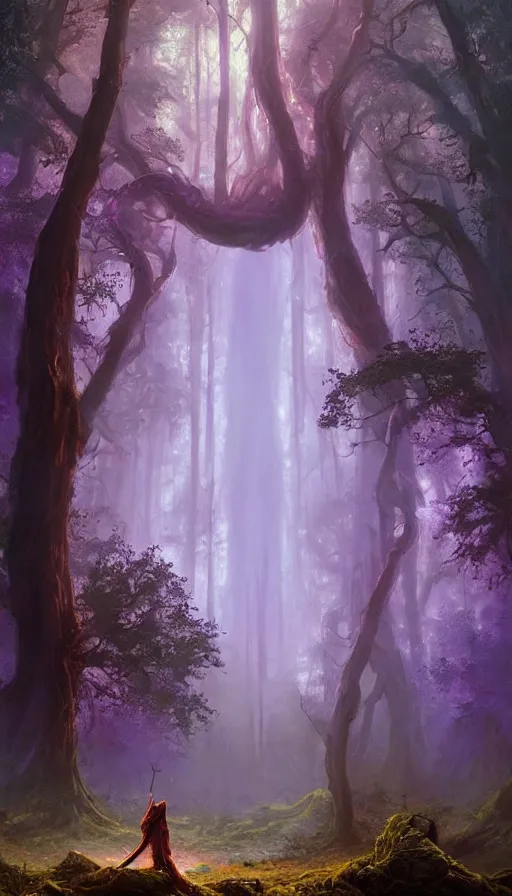 Image similar to Hyper realistic oil painting of a future sci-fi ancient god on the middle of a forest with a lot of purple trees holding a portal that's about to explode, fog, volumetric lighting, sunny day, by Greg Rutkowski and Diego Velázquez