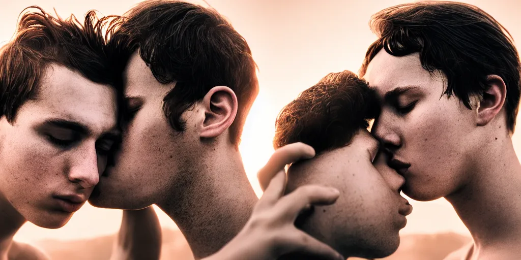 Image similar to portrait of a handsome young man kissing with moody lighting golden hour highly detailed sharp zeiss lens 1. 8 high contrast wolfgang tillmans ryan mcginley david armstrong