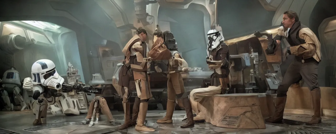 Image similar to scene from the Disney plus Star Wars show Hammerhead h.q. tv still”