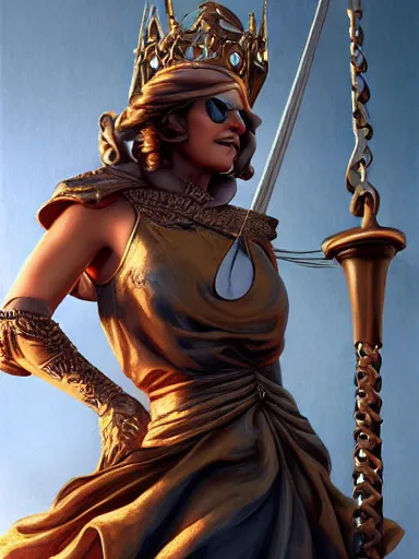 Image similar to lady justice blindfolded holding a balance. intricate, elegant, highly detailed, digital painting, artstation, concept art, sharp focus, illustration, by justin gerard and artgerm, 8 k