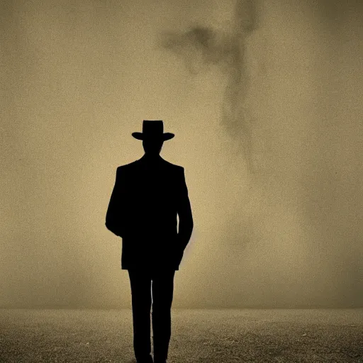 Image similar to white light from right, mysterious man in black suit and black hat, he has a pistol, smoke, fog, mysterious, 4 k, highly detailed, digital art, strong shadows, high contrast, epic scene, atmospheric, blue colours, old photograph