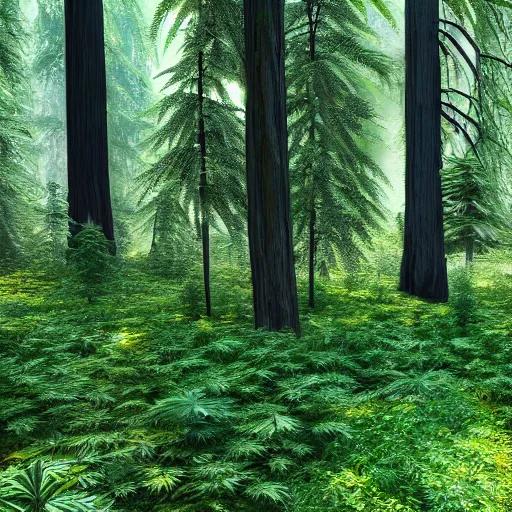 Prompt: of marijuana plants instead of coastal redwood trees in the redwoods forest in california, 4 k photorealism hd